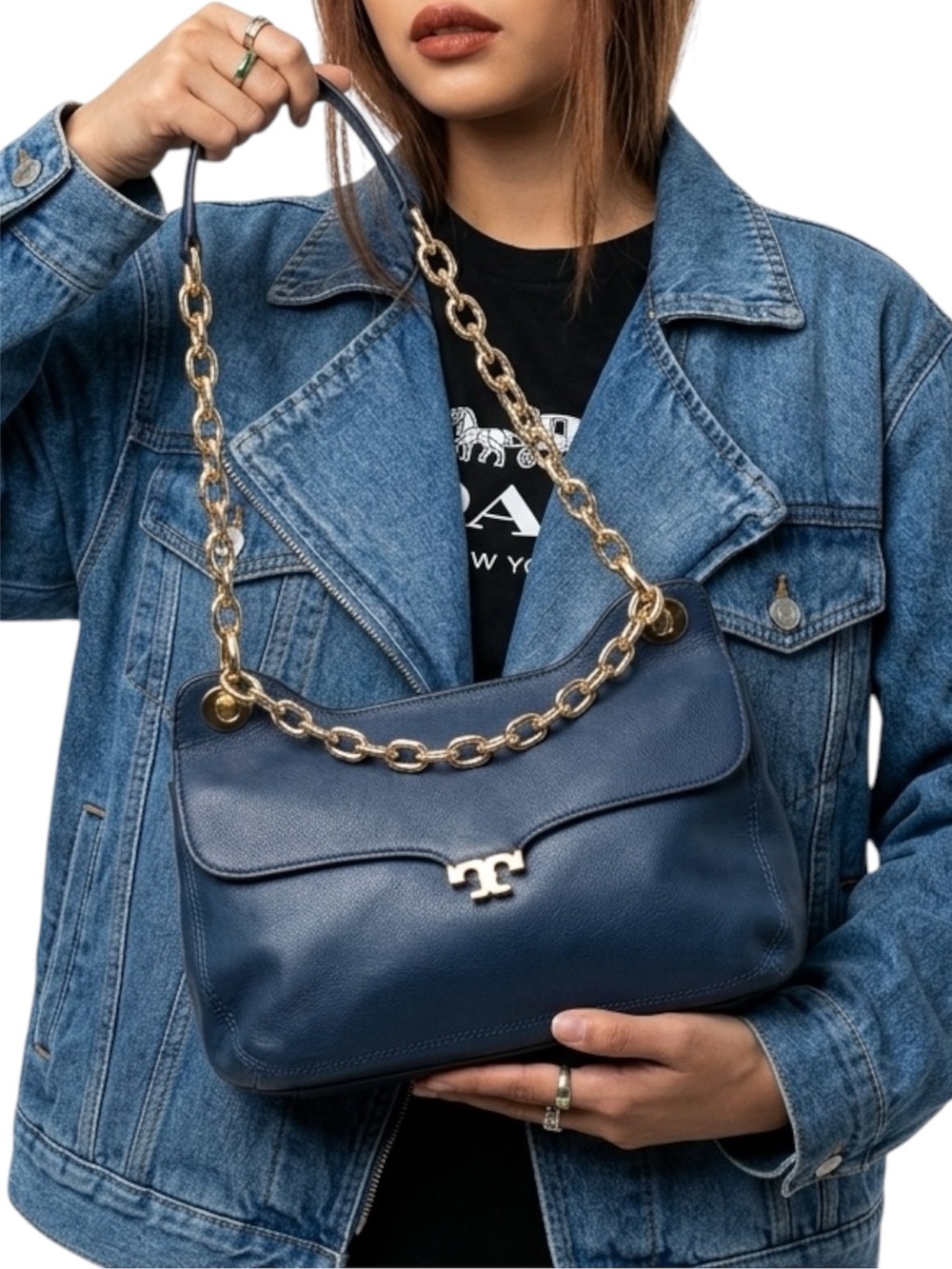 Tory Burch | Rich Blue Leather and Gold Chain Shoulder Bag